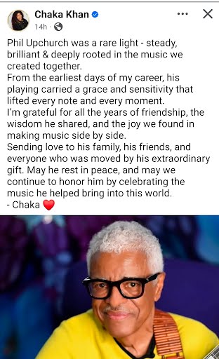 Screenshot of Chaka Khan Instagram tribute post to Phil Upchurch
